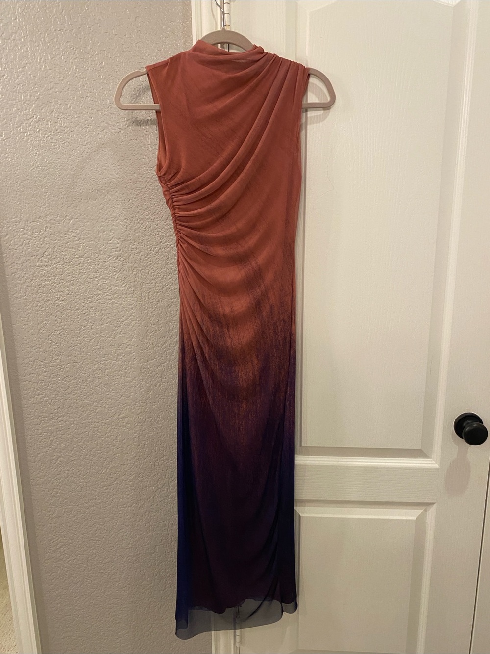 Zara Ombre Printed Tulle Sleeveless Ruched Midi Bodycon Dress Pink Purple